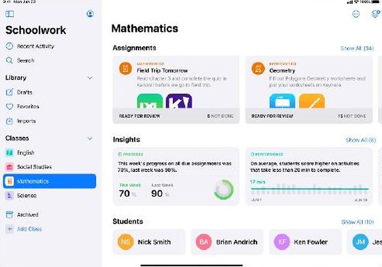 Class view: assignments, insights and students