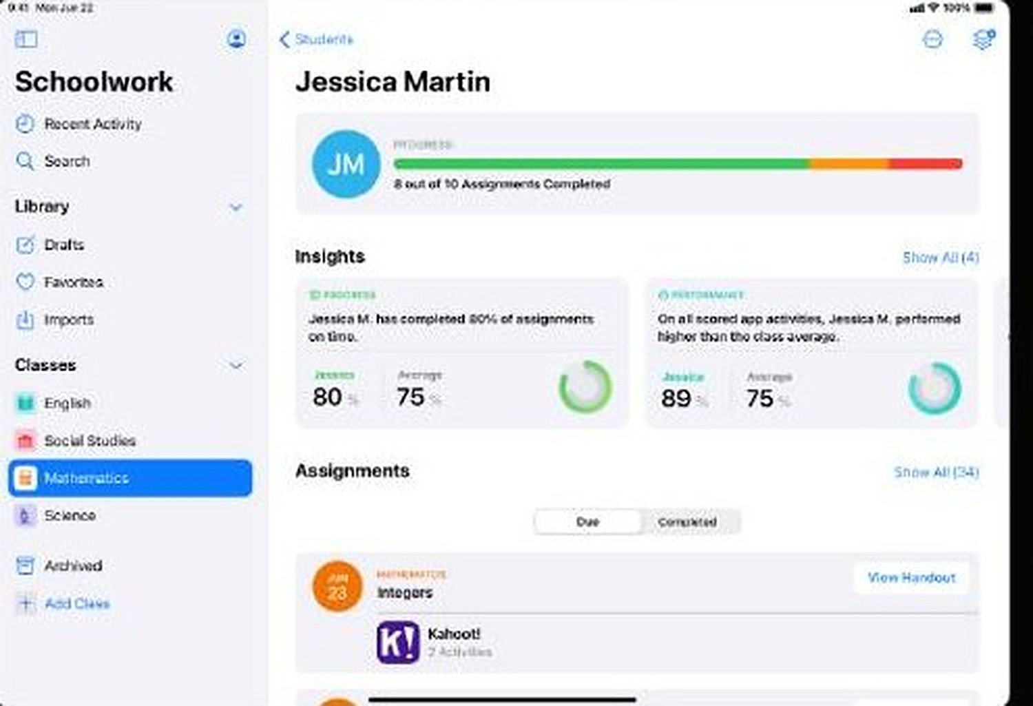 Student view: progress and insights for one student